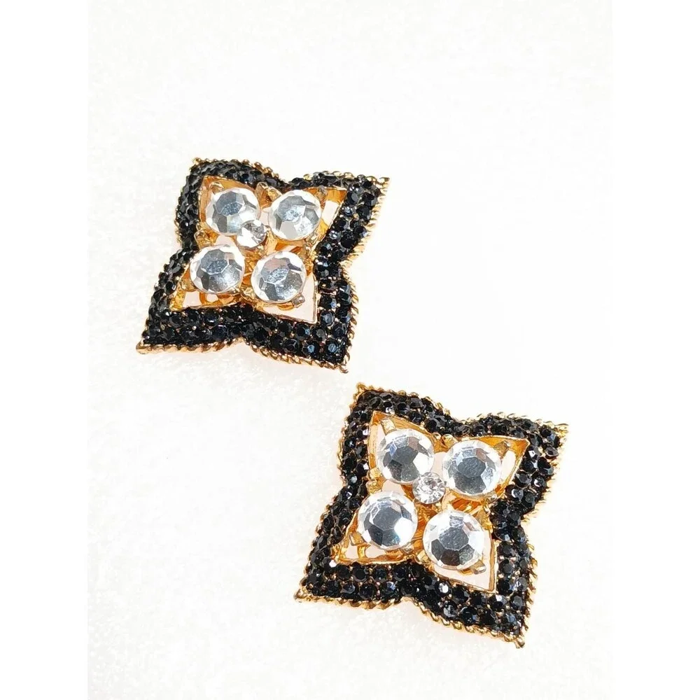 Jay Feinberg Signed Clip-On Earrings Gold Tone Rhinestone 80s - Picture 6 of 16
